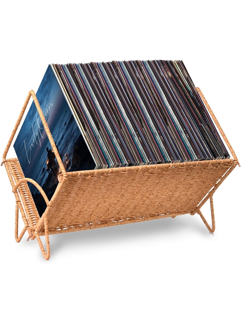 Woven Rattan Record Storage Rack in Natural Brown